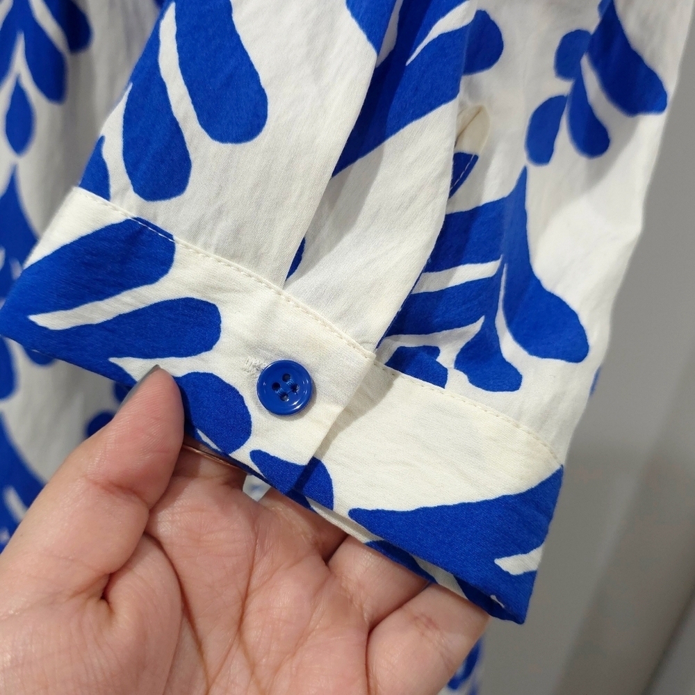 ZARA Cobalt Blue Botanical Print Long Sleeve V-Neck Tiered Babydoll Mini Dress - Picture 9 of 15